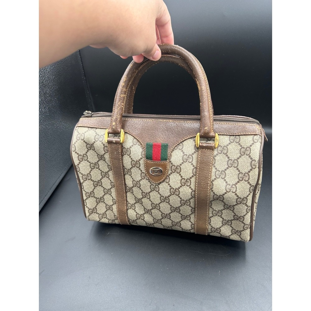 Vintage Gucci GG Supreme Boston Bag Web Stripe Brown Monogram Satchel Handbag